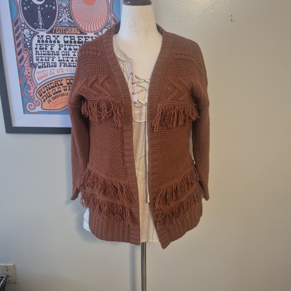 Moon River Rust Brown Fringe Cardigan XS Fit Up To Med Tie Sides Lots Of Detail